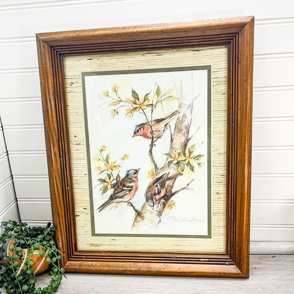 Vintage Bird Painting Print by Paul Whitney Hunter in Wooden Frame‎